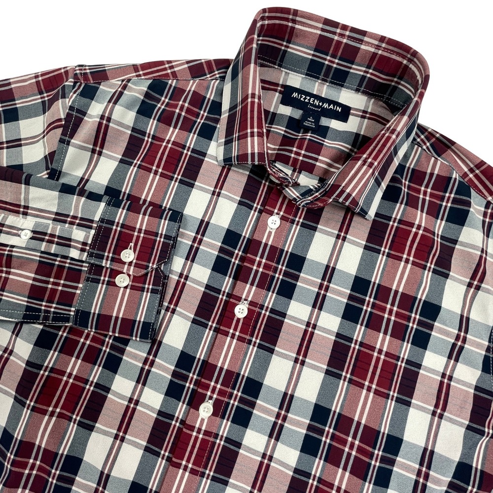Mizzen+Main Mens L Trim Leeward Dress Shirt Red Navy Plaid Performance Stretch